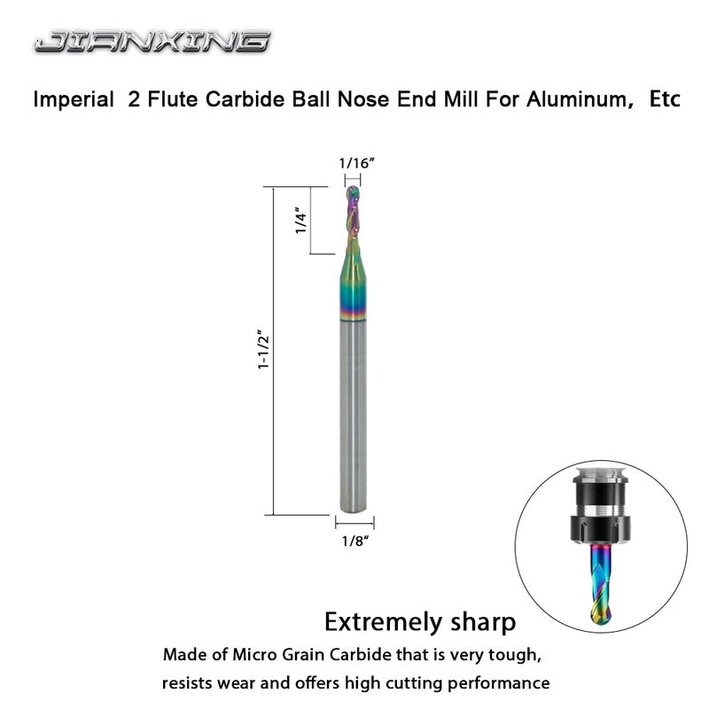 JIANXING 1/16" DLC Coated 2-Flute Carbide Ball Nose End Mill, Ideal for Aluminum, Copper Alloys, and Plastic Machining – High Precision & Wear-Resistant Cutting Tool (4 Pieces) - Image 2